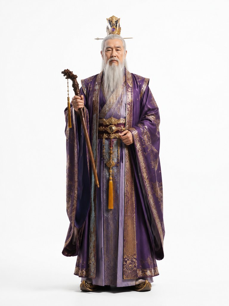 镇元大仙，白须长者，身着紫色华贵道袍，手持法杖，头戴金冠，仙风道骨，东方神话写实风格