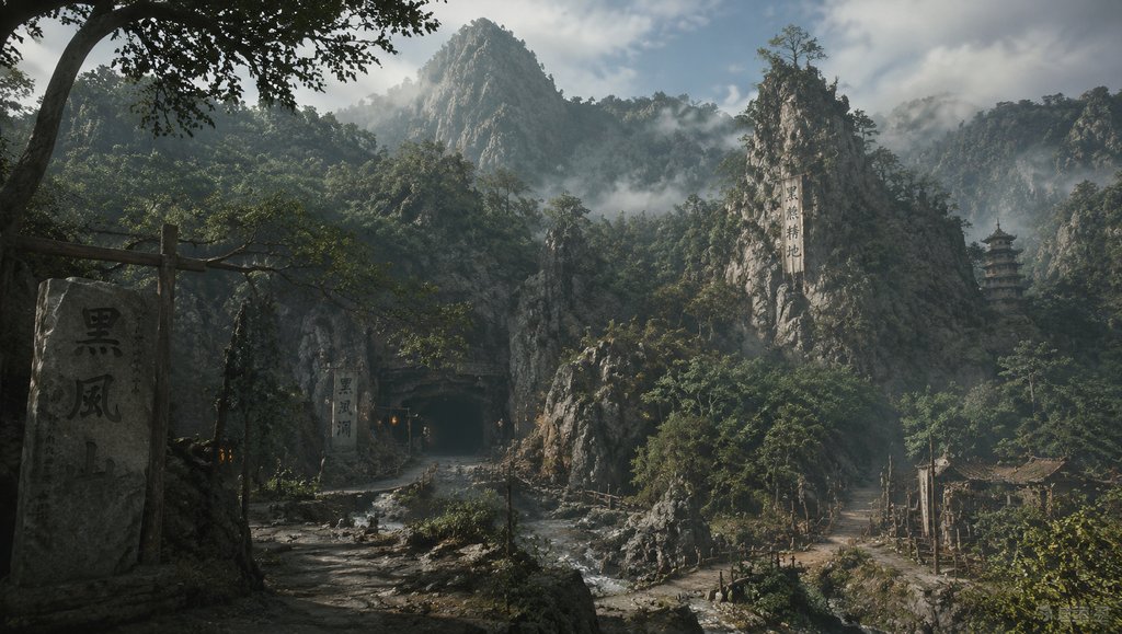 黑风山黑风洞入口，苍翠林壑环绕，写实东方神话场景