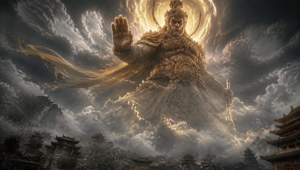 巨神法天象地，身披金甲，手持长棍，掌心发光，背景云雷翻涌，东方神话写实风格