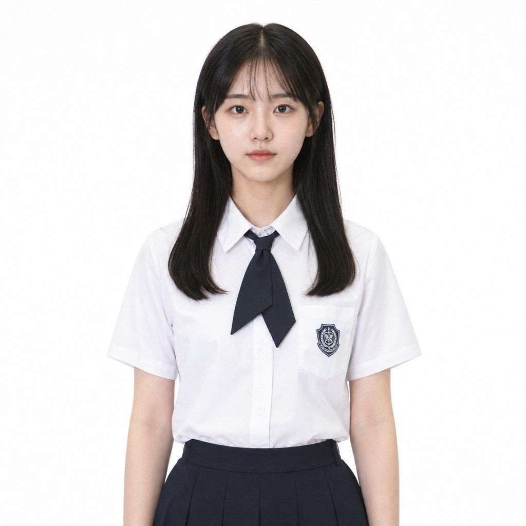 1970年代城市女高中生，白皙皮肤，多层眼皮大眼，身穿白色短袖校服与深色领结，复古风格