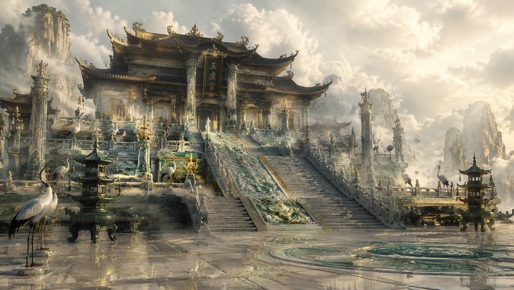 阐教仙宫广场，云阶玉栏，仙鹤环绕，缥缈仙境，商周神话写实建筑