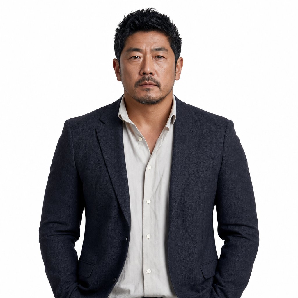 魁梧大汉身穿休闲西装，面容粗犷，现代都市律师事务所合伙人形象，写实风格