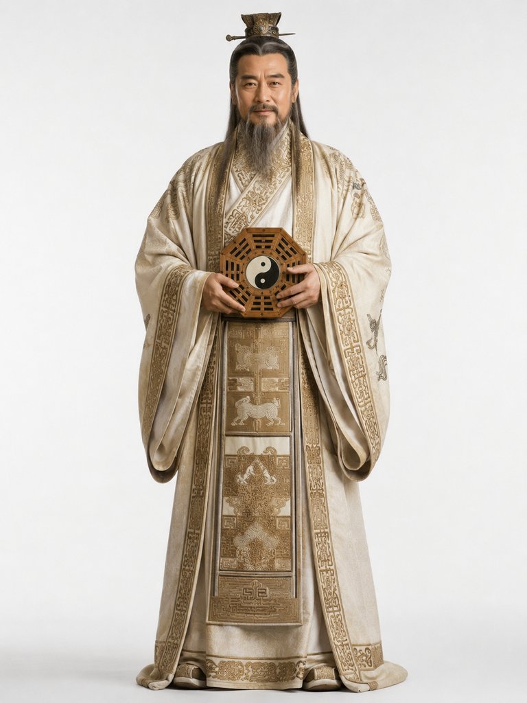 文王姬昌身着素色衮袍，手持太极卦象，长须飘逸，商周神话写实风格角色