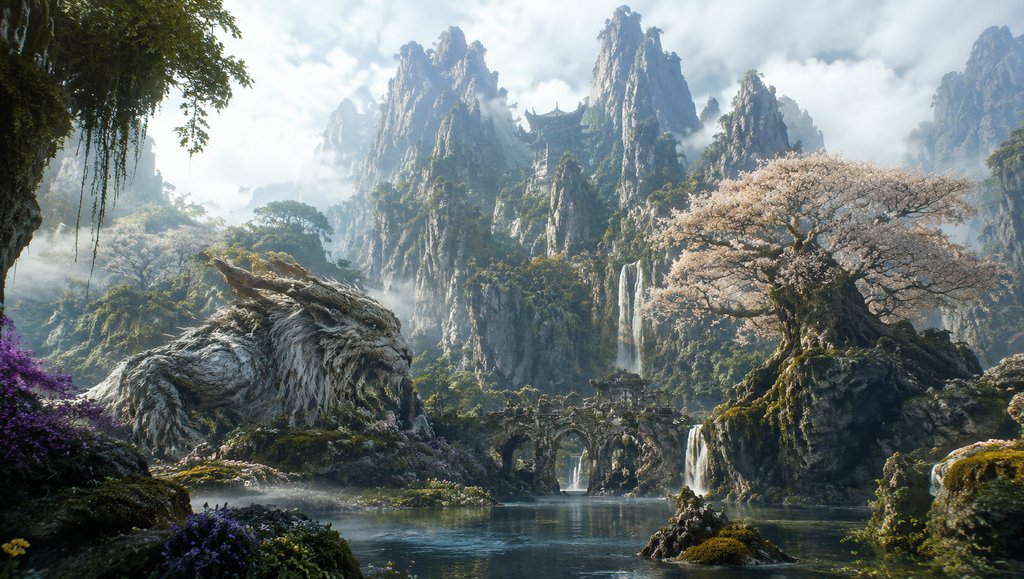 招摇山奇幻景观，上古异兽静卧山间，樱花盛开，瀑布飞流，写实风格3D场景