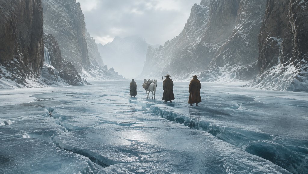 三人一马行走在冰封河面，裂痕遍布，雪山峡谷环绕，东方神话写实风格