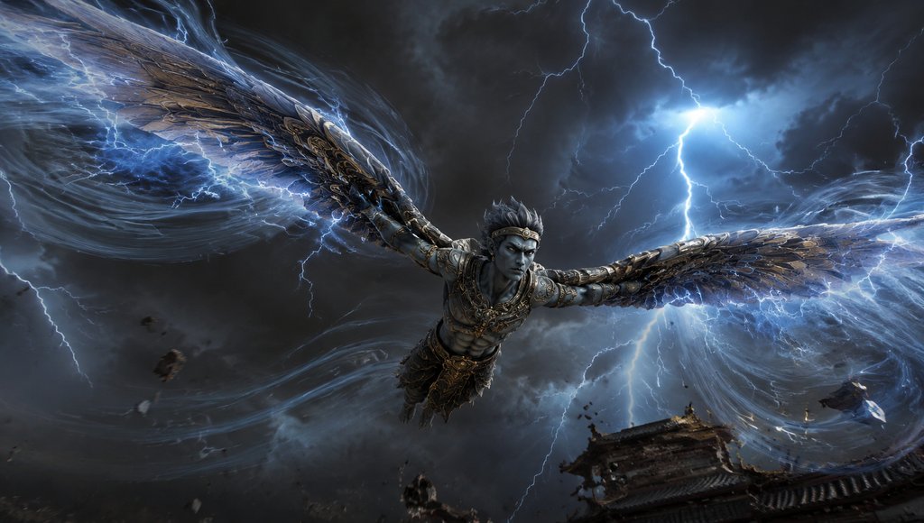 雷震子展翅飞翔，风雷双翼释放电光，写实风格神话角色