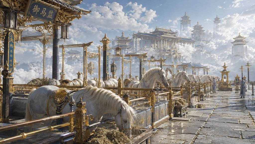 御马监云厩中，白鬃天马在金色栏栅内吃草，背景为悬浮宫殿，东方神话写实风格