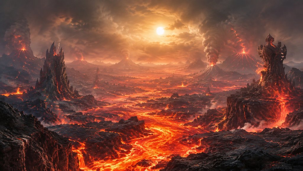 上古火山喷发，岩浆火河奔涌，黑岩嶙峋，炽烈洪荒写实场景