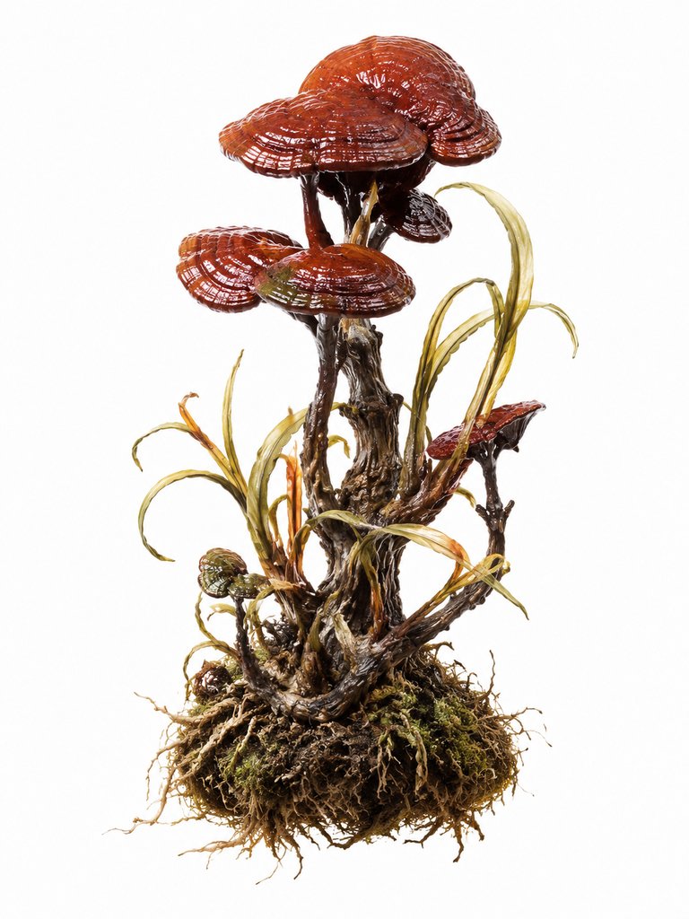 写实风格的灵芝仙草，莹润质感，瑞光环绕，商周神话植物，3D资产参考