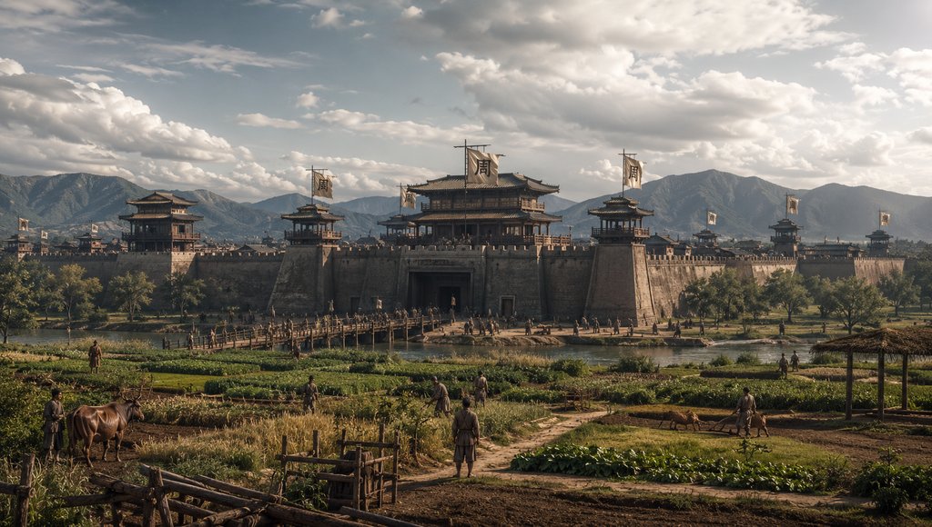 西岐城古朴城阙，农耕场景，姬周旗帜飘扬，商周神话写实风格3D场景