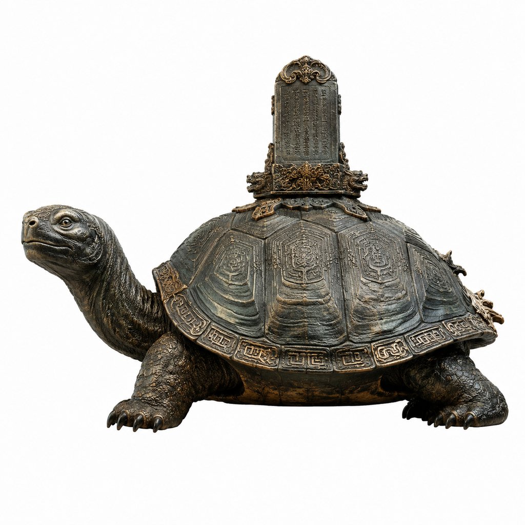 灵龟背负古碑，龟甲刻有东方神秘纹饰，写实风格3D模型