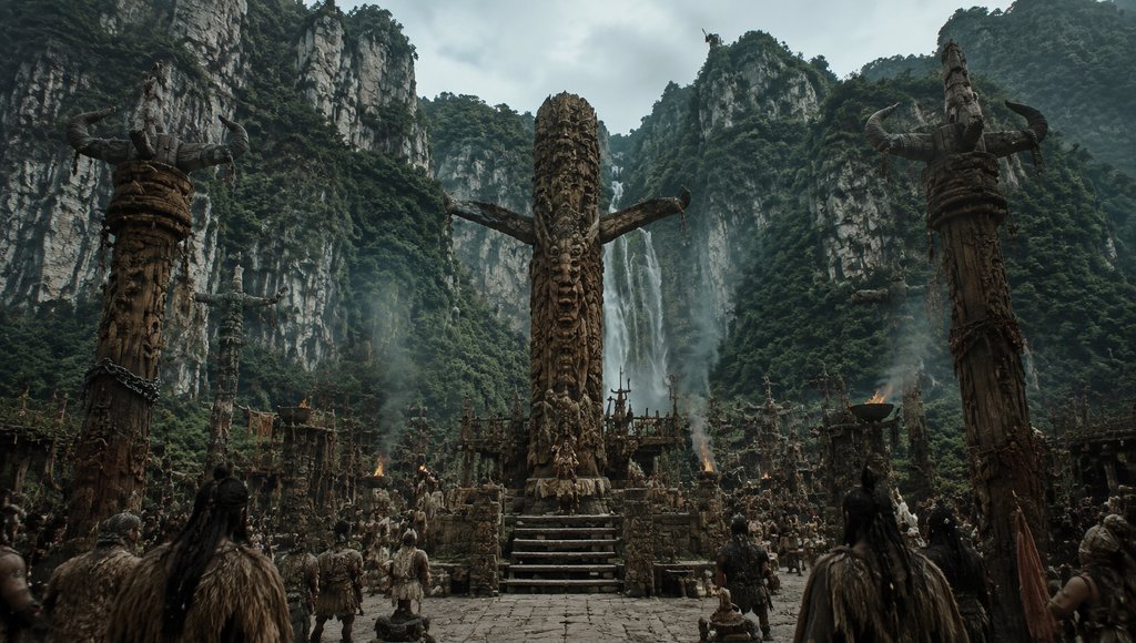 上古图腾广场，巨木图腾柱林立，祭火缭绕，部落人群肃穆聚集，写实洪荒风格