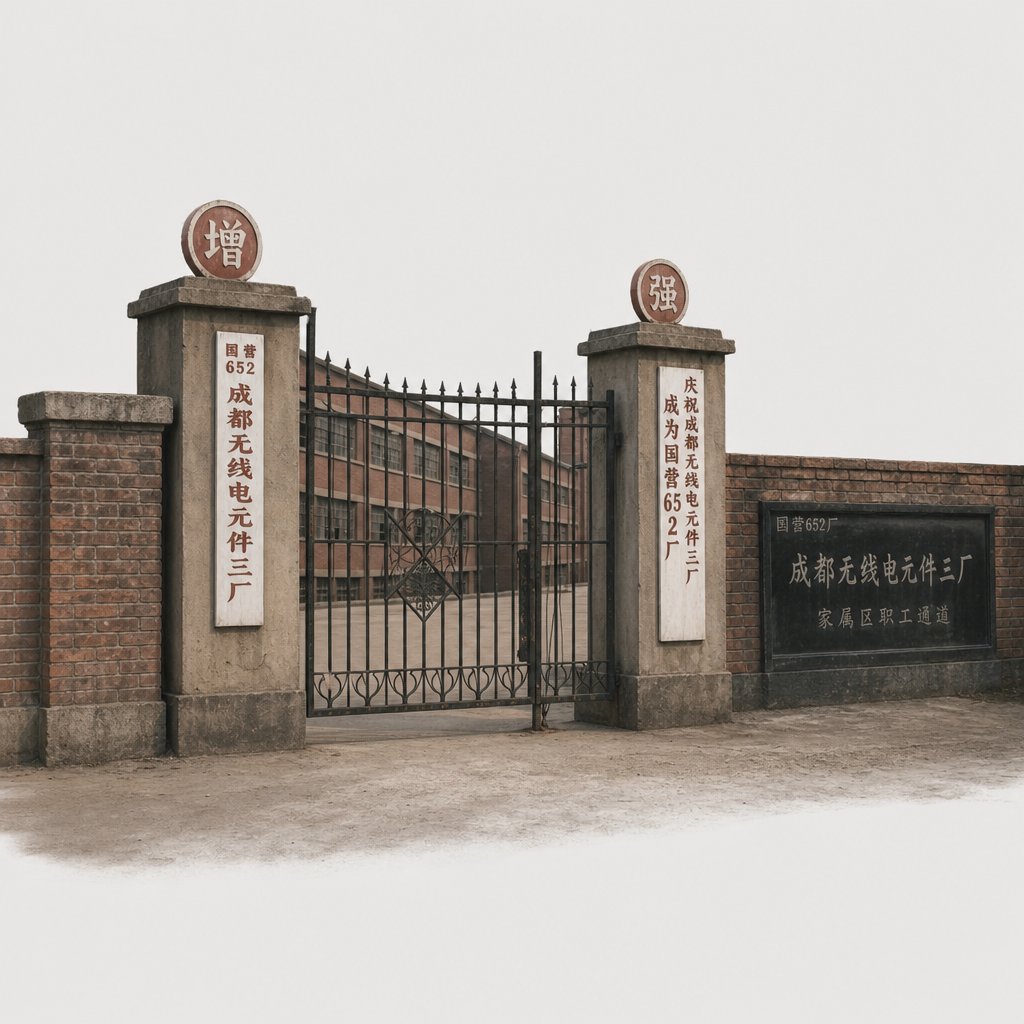 1970年代中国工厂大门，红砖墙与铁艺门，复古工业风格