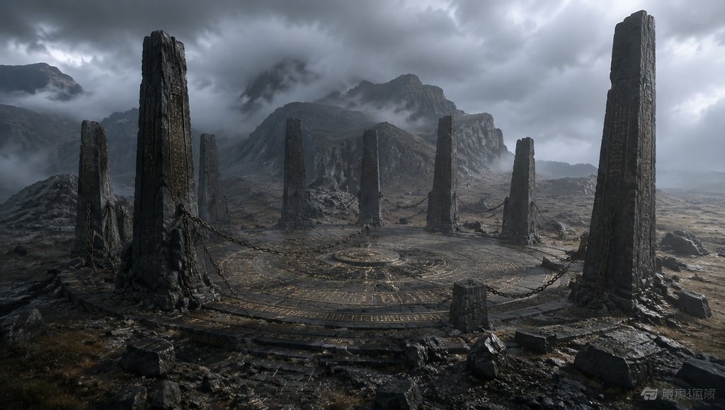 上古封印石阵，巨石环绕神秘符纹，阴云密布山峦背景，写实奇幻风格
