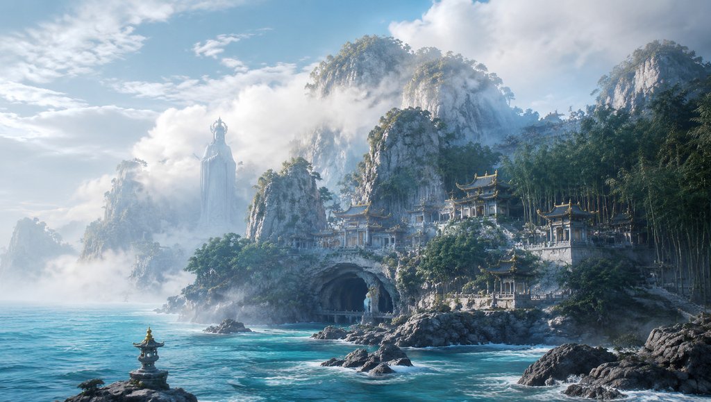 南海普陀落伽山，潮音洞与紫竹林环绕的东方神话写实场景，云雾缭绕，海天相接