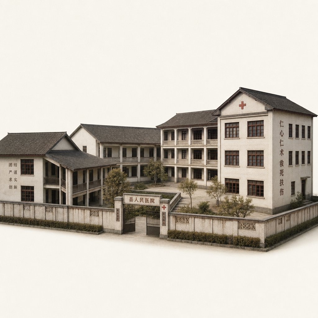 1970年代中国县城医院，白色砖楼建筑，简陋病房走廊，复古医疗场景