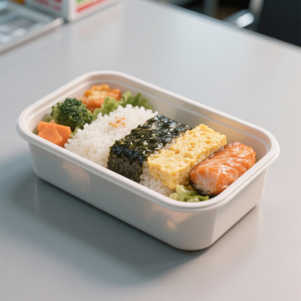 日式便当，白色餐盒内盛有米饭、三文鱼、蛋卷和蔬菜，色彩丰富，风格写实