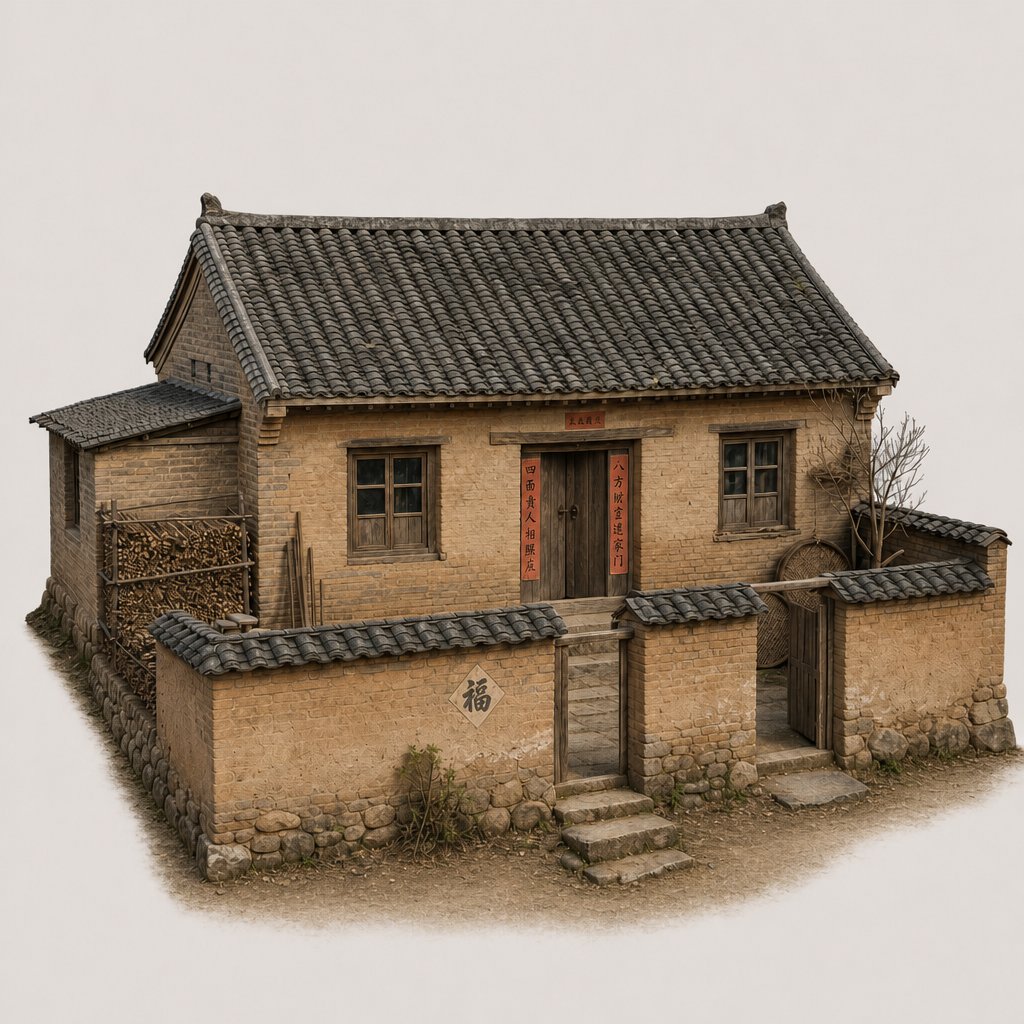 1970年代中国农村土坯砖瓦房，低矮院落，木质门窗，柴堆，年代感乡村建筑