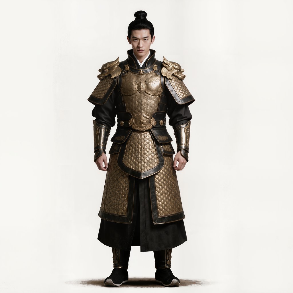 古风武将身穿明光铠甲，麒麟肩吞设计，俊美清冷，写实风格
