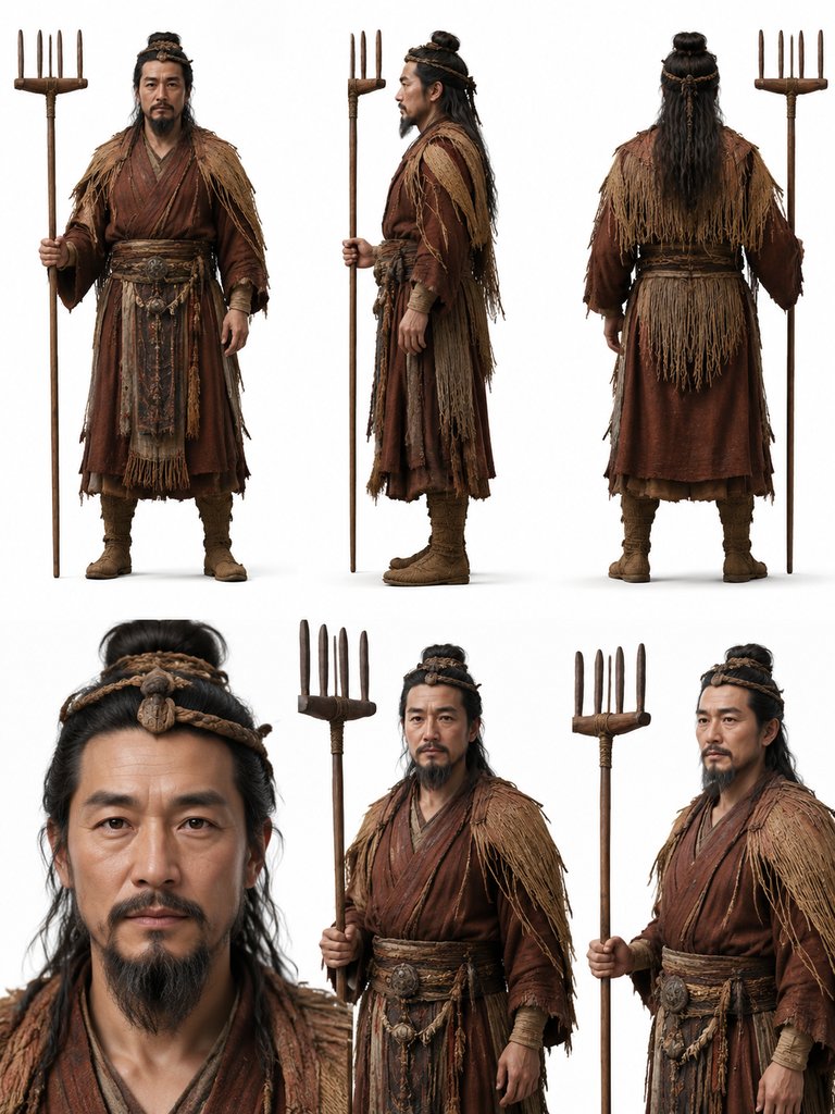 上古炎帝写实角色，赭色长袍，手持耒耜，仁厚威严，3D建模风格