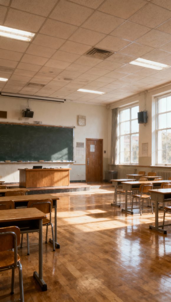 大学讲堂内景，木质桌椅整齐排列，黑板和投影设备齐全，自然光透过大窗洒入，复古风格