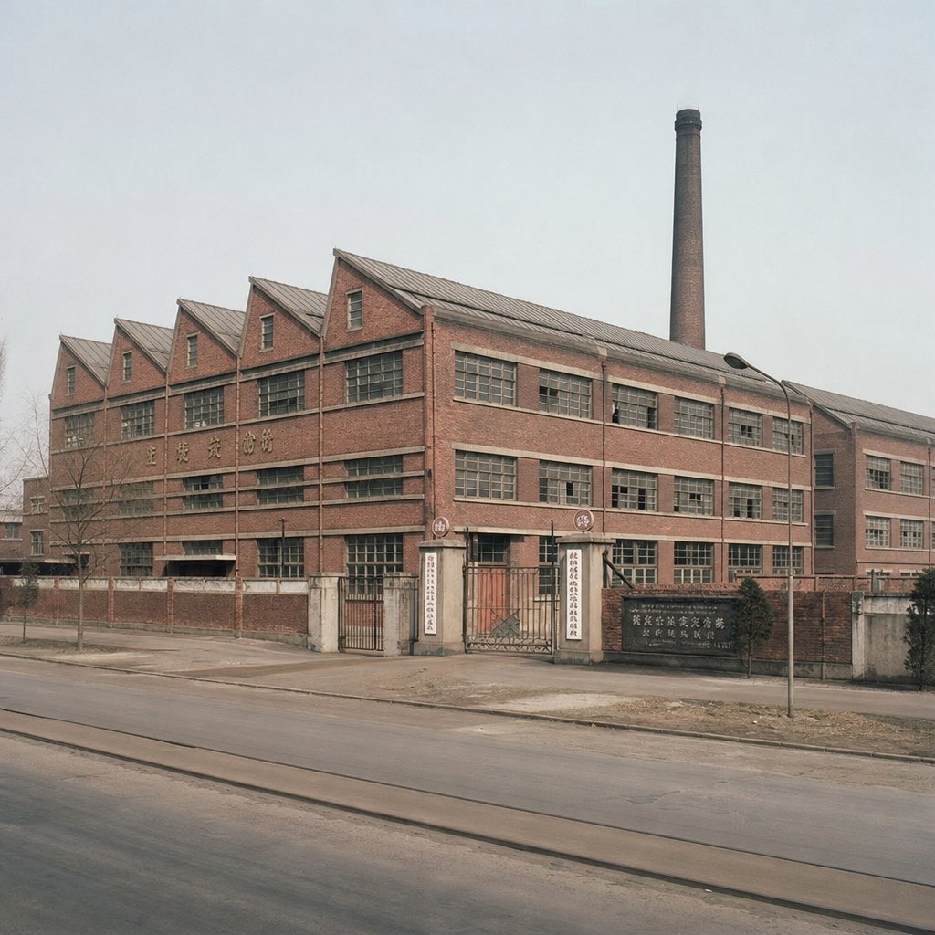 1970年代中国工业厂房，红砖墙与锯齿形屋顶，复古工业建筑风格