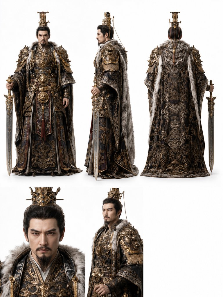 黄帝轩辕身穿冕服战甲，手持轩辕剑，威严庄重的上古洪荒写实角色形象