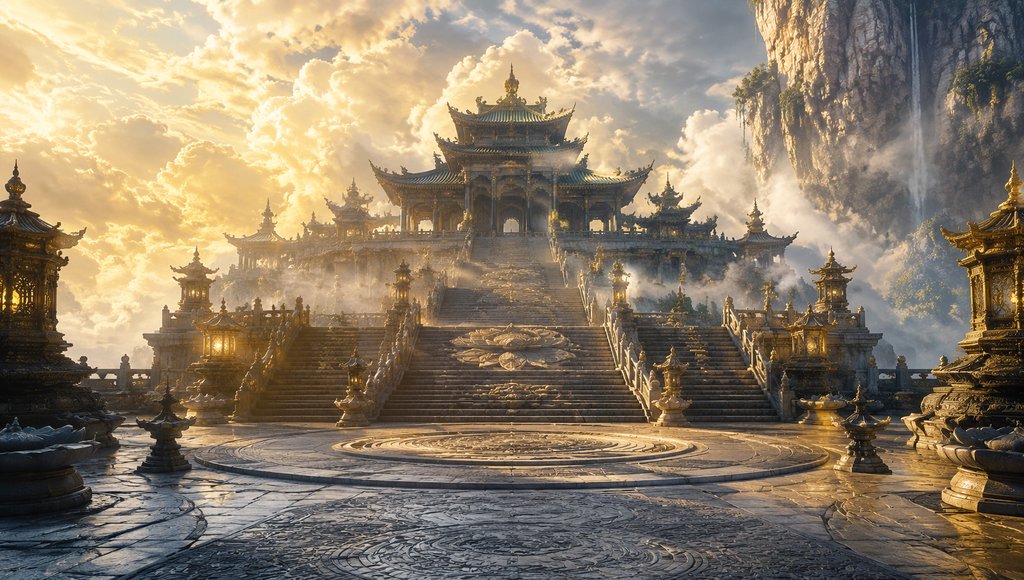 灵山雷音寺前广场，金色光芒照耀下的佛刹建筑群，莲花石阶通向宏伟殿堂，东方神话写实风格
