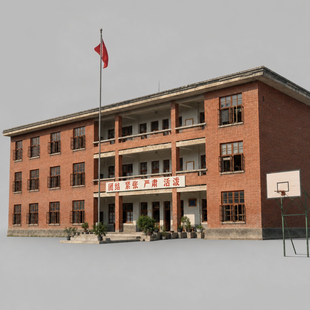 1970年代中国城市中学红砖教学楼，木质窗框，外露走廊，旗杆飘扬，复古校园建筑