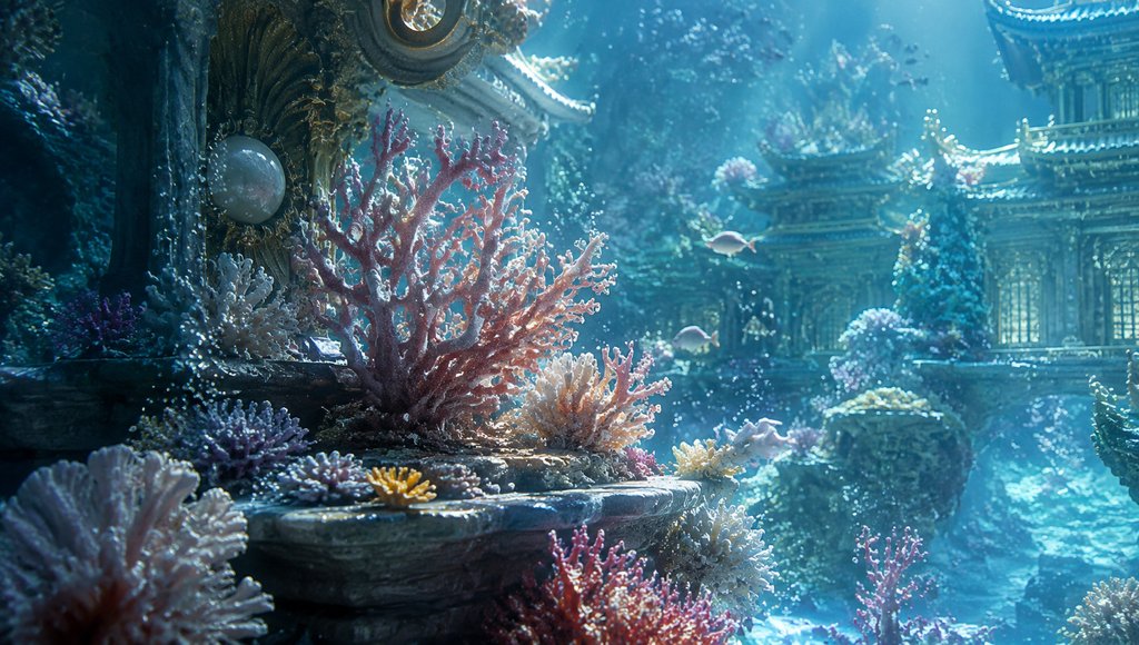 海底龙宫珊瑚园，绚丽珊瑚与东方建筑融合的写实场景
