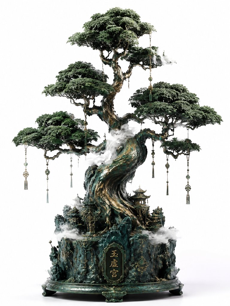 玉虚仙树，苍翠华盖，瑞气缭绕，商周神话风格写实植物，3D资产参考