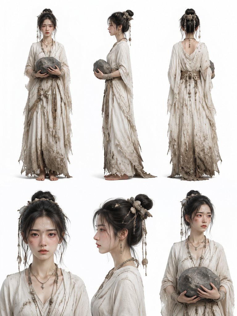 精卫少女身着素衣，手持石块，古风写实造型，上古洪荒风格