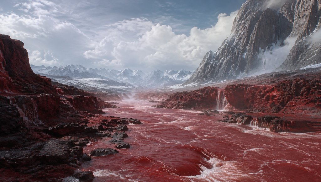 上古赤水场景，赤红色河流穿行于雪山峡谷，写实风格3D概念图