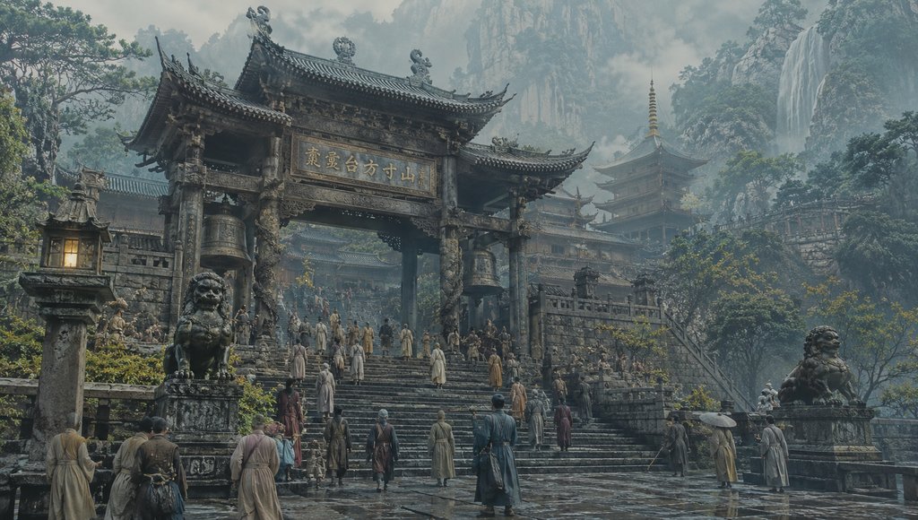 古风寺庙山门，石狮守卫，香客往来，雾中山水环绕，东方神话写实风格