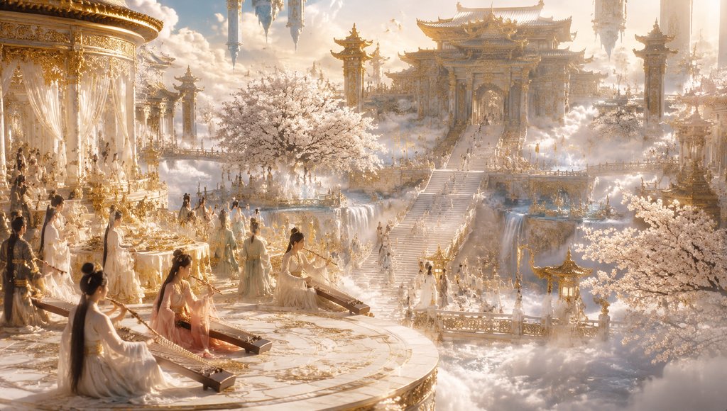 瑶池仙境中仙乐飘渺，白衣仙子抚琴奏乐，金碧辉煌的宫殿浮于云海之上，樱花纷飞，东方神话写实风格