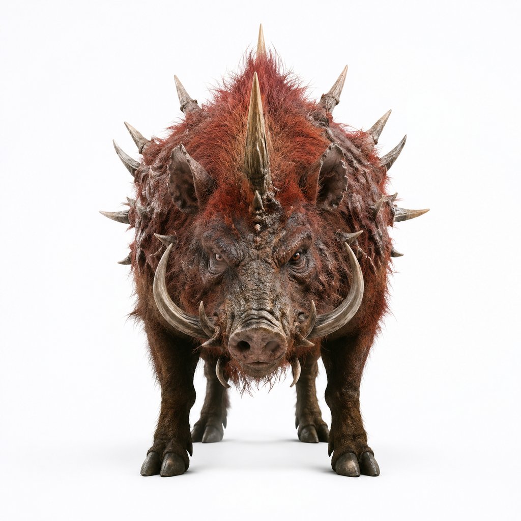 上古洪荒异兽，赤毛刺猪形生物，全身布满尖刺与长角，写实3D风格
