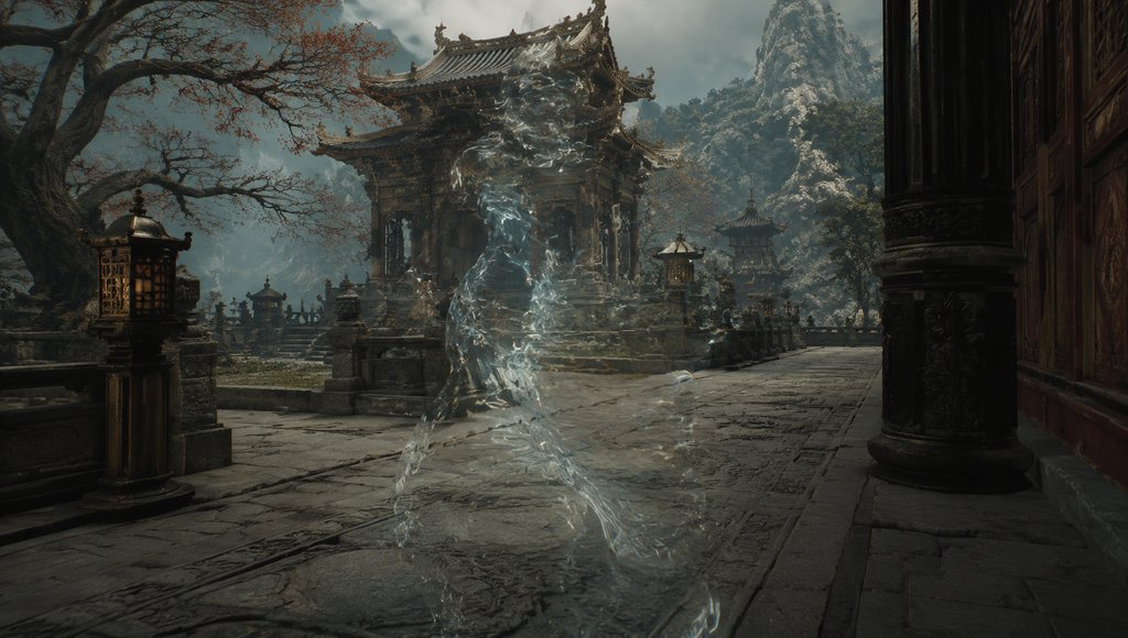 东方神话风格的隐身遁法特效，人物身形隐没于扭曲光效中，写实3D场景