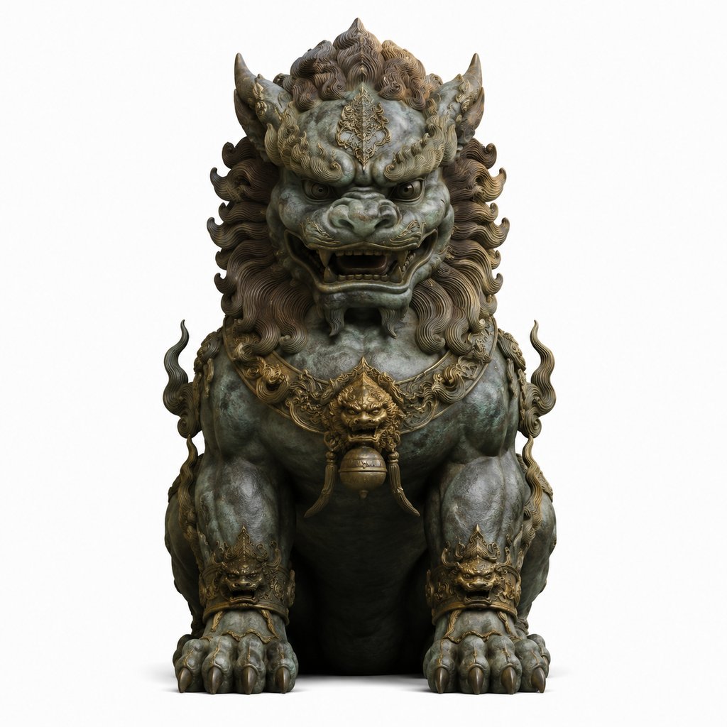 狻猊神兽，青铜质感，鬃毛飘逸，佩戴金色项饰，写实风格东方神话异兽