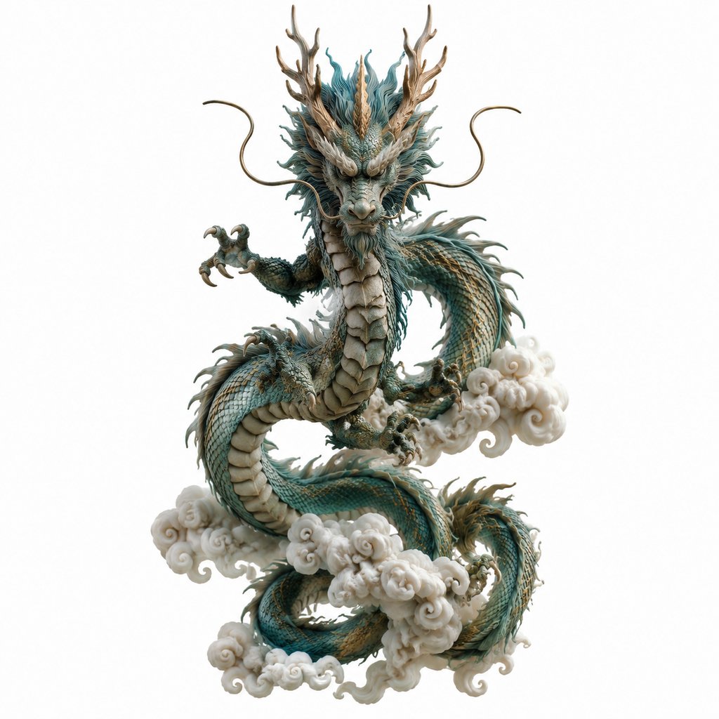 青龙腾云，矫健龙躯，鳞角分明，东方神话写实风格3D异兽