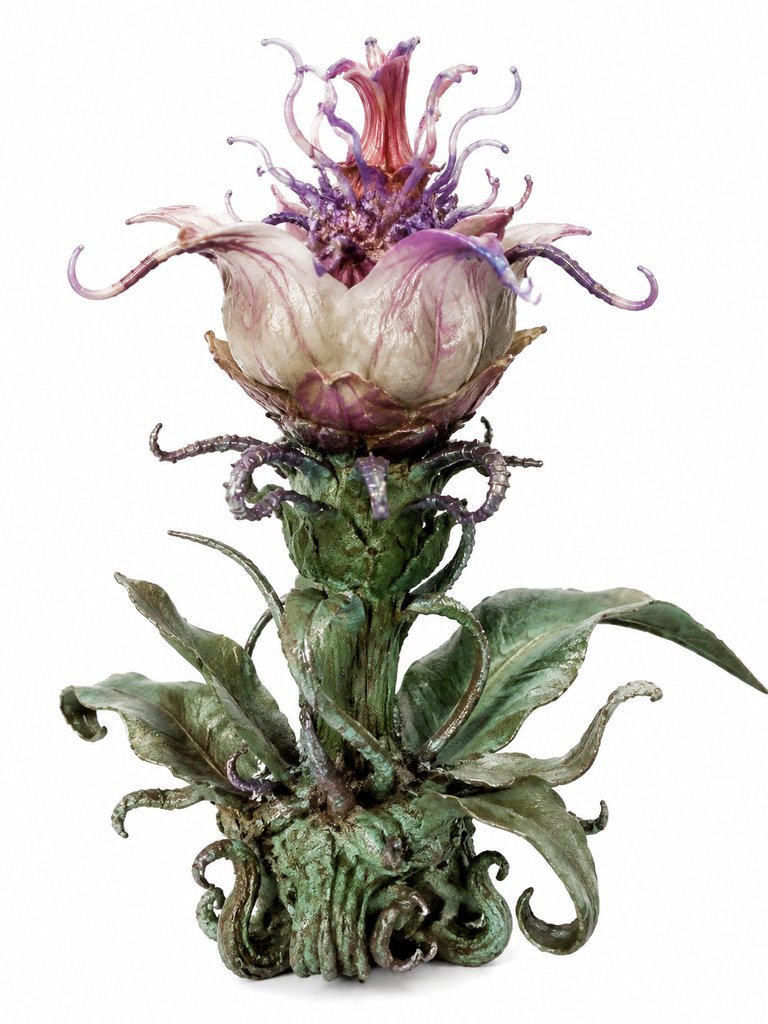 奇幻风格的奇花异卉，紫色花瓣与碧绿叶片交织，触手状结构，写实神话植物