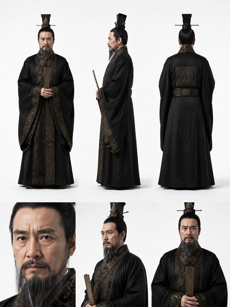 比干身穿玄色朝服，手持笏板，写实风格商周神话人物形象