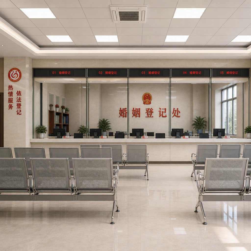 现代都市民政局婚姻登记大厅，玻璃服务窗口前排列整齐的等候区排椅，顶部荧光灯照明，写实风格