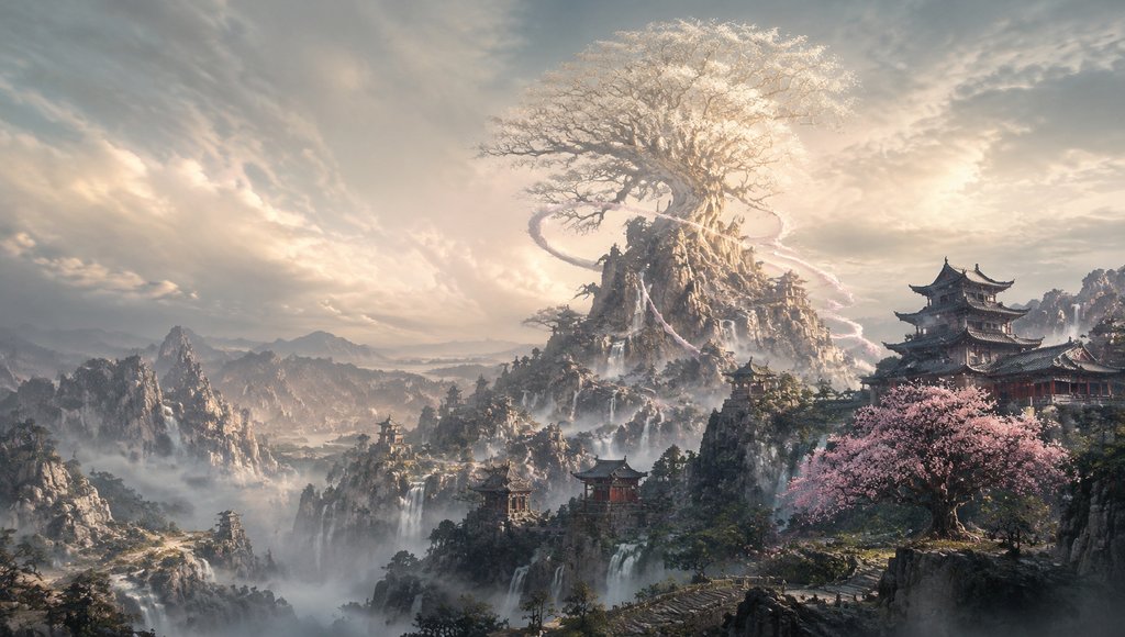 青丘山仙境，九尾狐灵树环绕，古风建筑与瀑布云雾交织，写实奇幻风格