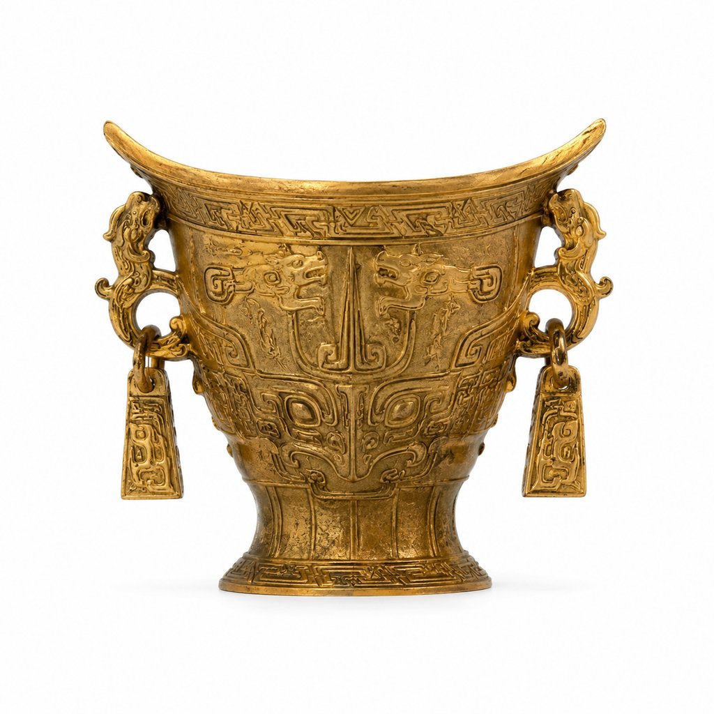 金色混元金斗，商周风格神话宝器，双耳垂铃，浮雕纹饰，写实3D渲染