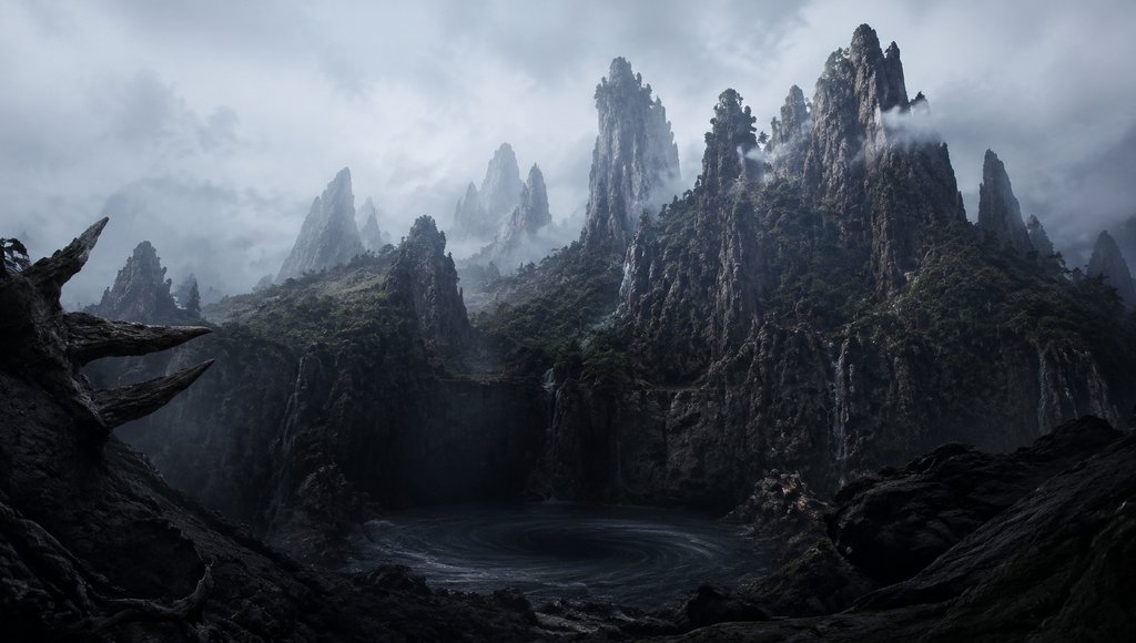 上古羽山幽深山渊，峻岭环绕暗湖，云雾缭绕，写实洪荒风格