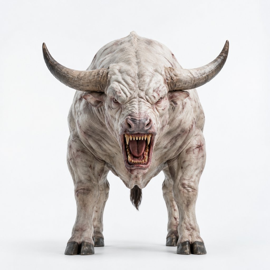 上古洪荒凶兽獓狠，白身四角牛形，写实3D风格，张口咆哮