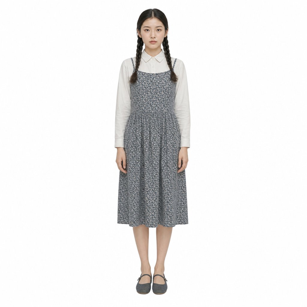 1970年代城市工厂女青年，黑发双辫，白衬衫配碎花裙，复古朴素风格