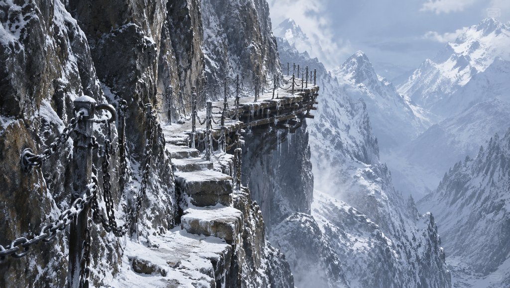 雪山险道上的冰崖栈道，覆盖积雪与冰凌，铁链护栏，东方神话写实风格