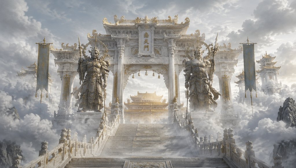 南天门白玉牌楼，两侧神将守卫，云海缭绕，东方神话写实风格
