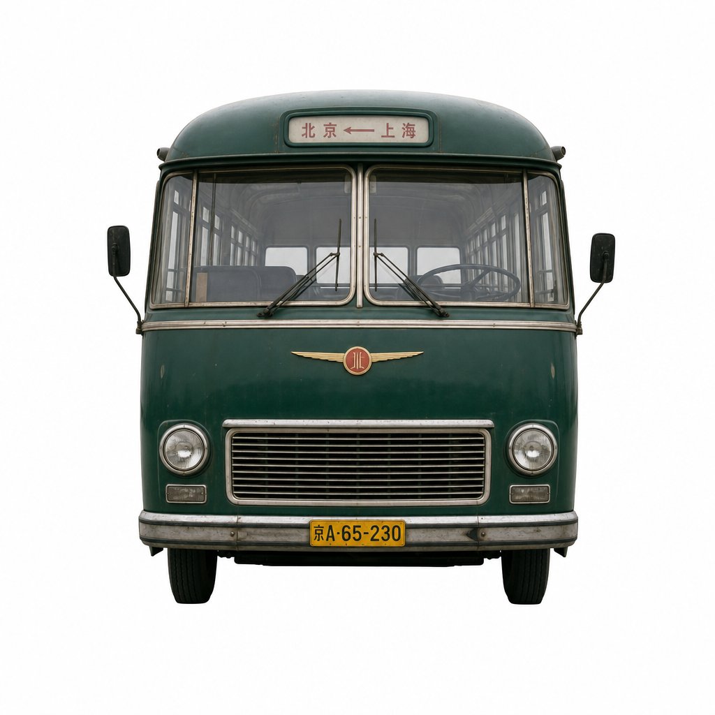 1970年代墨绿色老式长途班车，圆头造型，复古大灯，经典中国年代交通工具